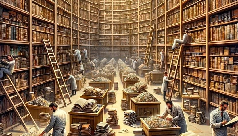 Illustration of workers in a vast library sorting through bins of tiny pieces, evoking the painstaking manual work behind ML models