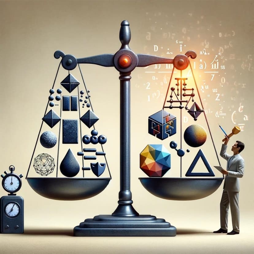 Illustration of a man adjusting a balance scale weighing shapes and equations, evoking aligning model performance metrics with business goals