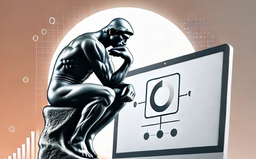 Illustration of Rodin's Thinker contemplating a computer screen with a diagram, evoking rethinking the philosophy of testing
