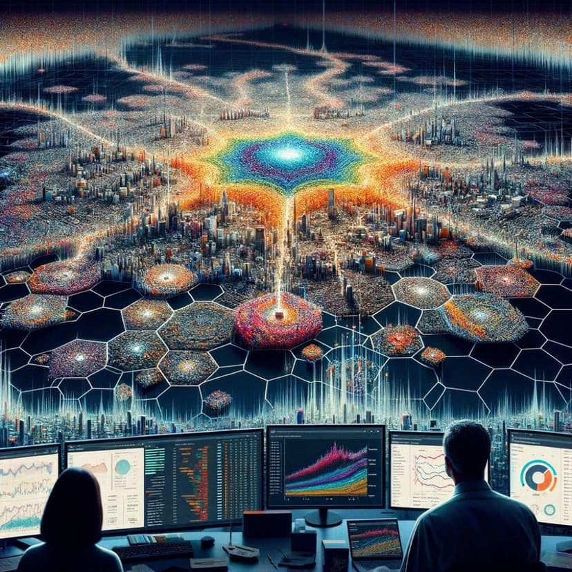Illustration of analysts at monitors facing a sprawling, colorful landscape of data clusters, evoking feature engineering on raw data