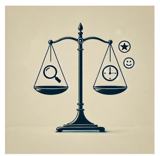 Illustration of a balance scale weighing a magnifying glass against a clock, evoking the return versus investment of a test